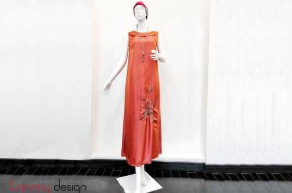 Orange silk dress with flower embroidery